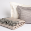 Cirillo Throw Pillow | two qulted cotton sateen throw pillows with a throw blanket trimmed in unquilted cotton sateen.