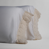 Madera Luxe Pillowcase (Single) | a pair of tencel pillowcases trimmed with cotton lace standing upright against a white background.