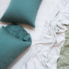 Madera Luxe Pillowcase (Single) | Madera Luxe sleeping pillows and sheeting with a quilted Luna coverlet, in various shades of green - overhead view.