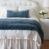 Carmen Blanket | Mineral | Silk velvet throw blanket with petite ruffle draped at the end of a white bed - end of bed view.