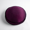 Paloma Throw Pillow | Fig | 18" round charmeuse pillow with silk velvet trim at gusset shot from overhead on a white background