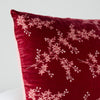 Lynette Throw Pillow | Poppy | Corner detail close-up, highlighting two-tone embroidery and linen back.