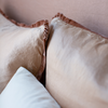 Close-up of Paloma shams in pearl, highlighting rich silk velvet trim on smooth silk charmeuse.