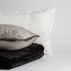 Vienna Throw Pillow | throw pillows and blanket from the Vienna collection shown in white, fog and corvino against a white background.
