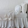 Vienna Twin Coverlet | Winter White | Cotton chenille jacquard coverlet and matching sham over white sheeting - side view.