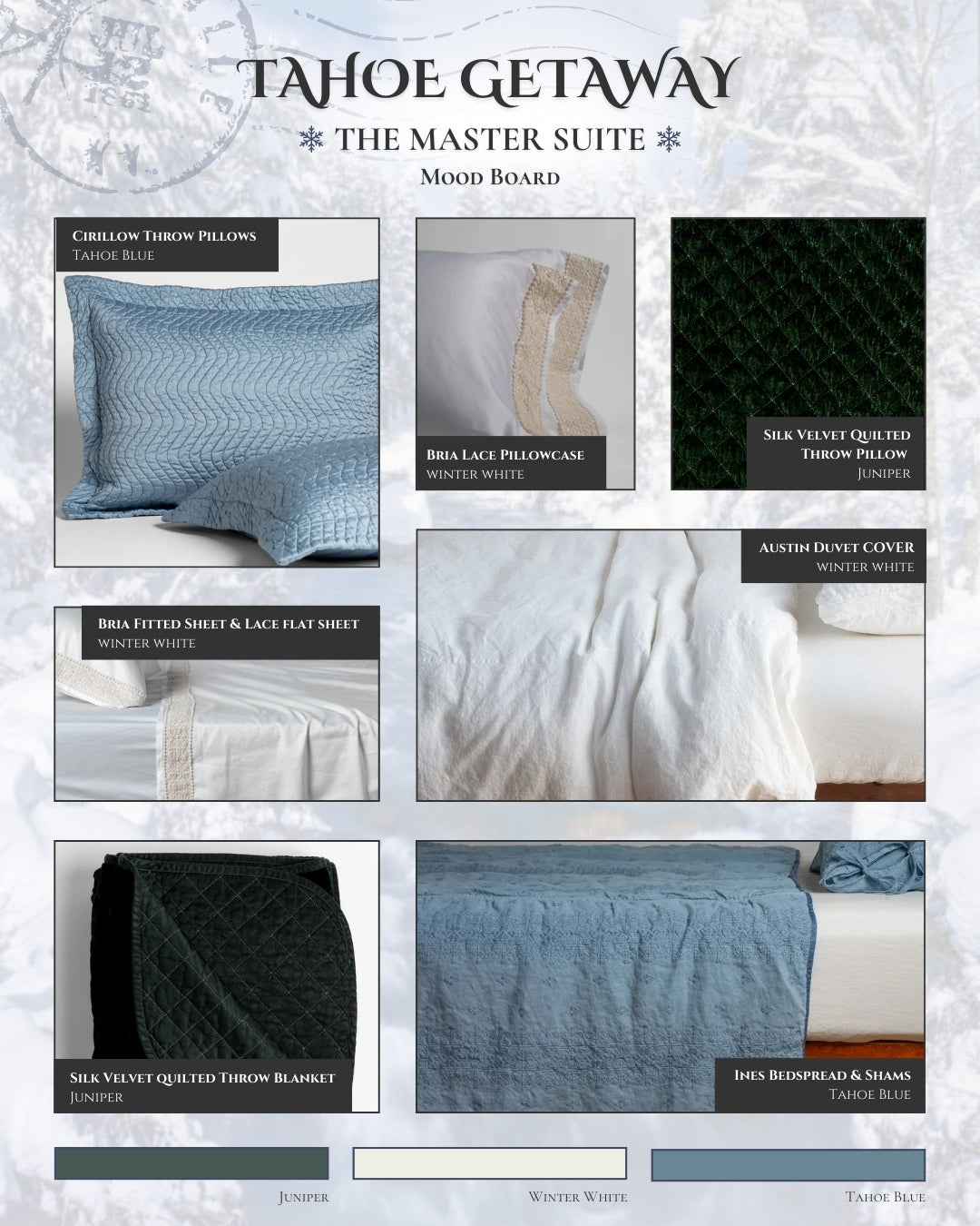 A mood board showing a master suite featuring our tahoe blue colorway.