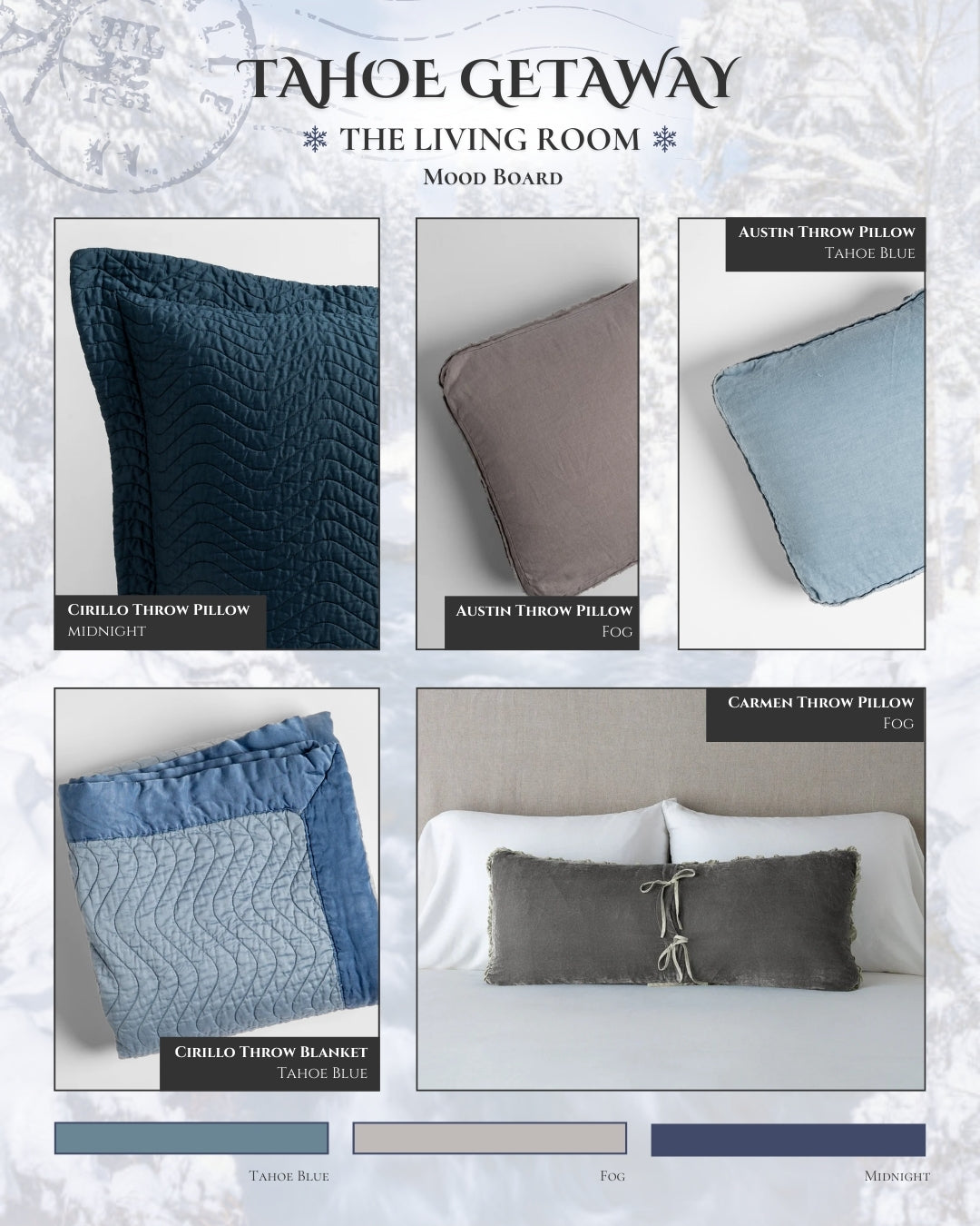 A mood board showing a living room featuring our tahoe blue colorway.