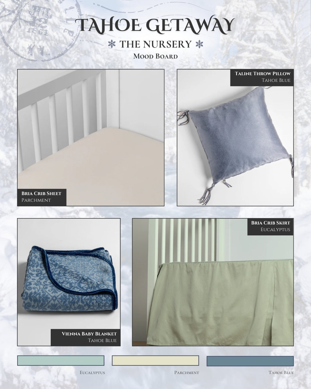A mood board showing a nursery featuring our tahoe blue colorway.