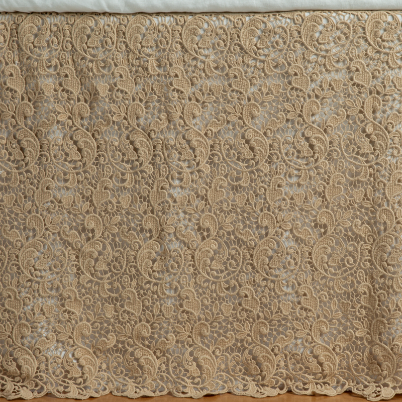 Allora Bed Skirt | Honeycomb | a close up of a cotton lace bed skirt layered over a winter white bed skirt - shot straight at the bed skirt.