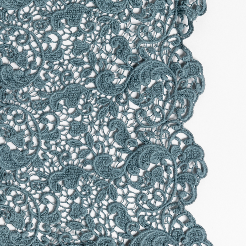 Allora Bed Skirt | Cenote | a close-up of cotton all-over lace with a scalloped edge.