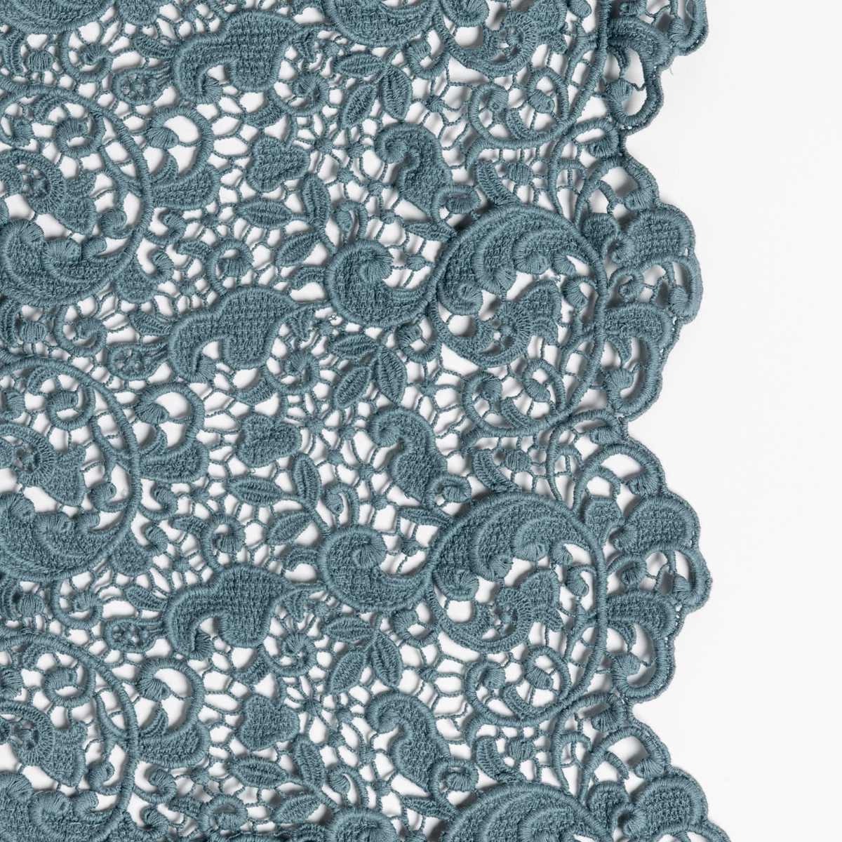 Allora Bed Scarf | Cenote | a close up of cotton all-over lace with a scalloped edge.