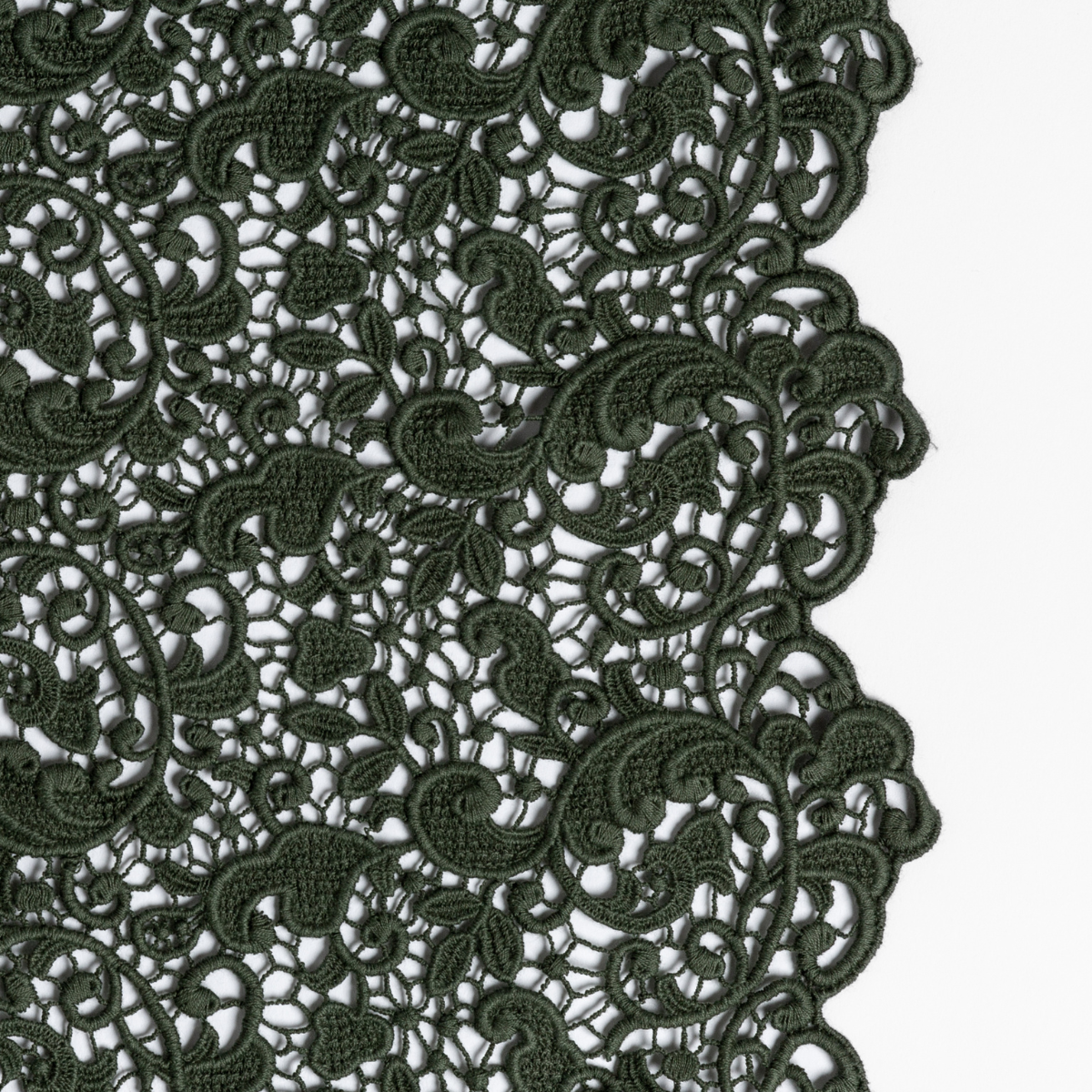Allora Bed Scarf | Juniper | a close up of cotton all-over lace with a scalloped edge.