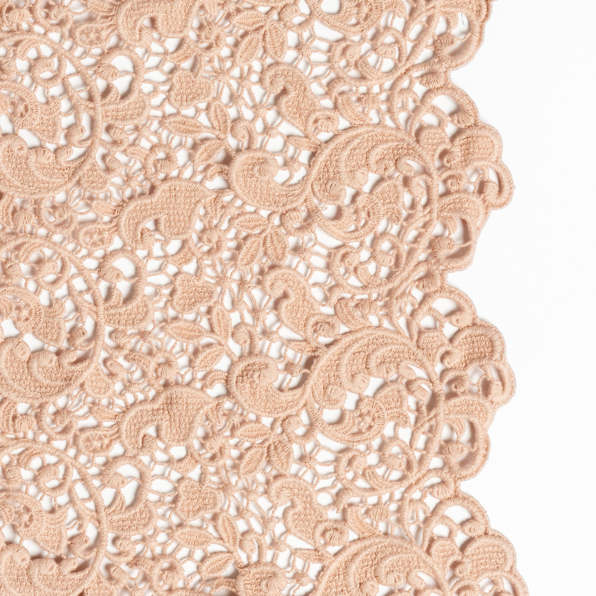 Allora Bed Scarf | Rouge | a close up of cotton all-over lace with a scalloped edge.