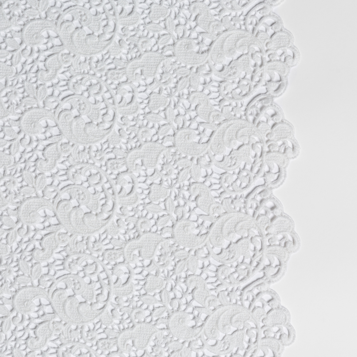 Allora Bed Scarf | Winter White | a close up of cotton all-over lace with a scalloped edge.