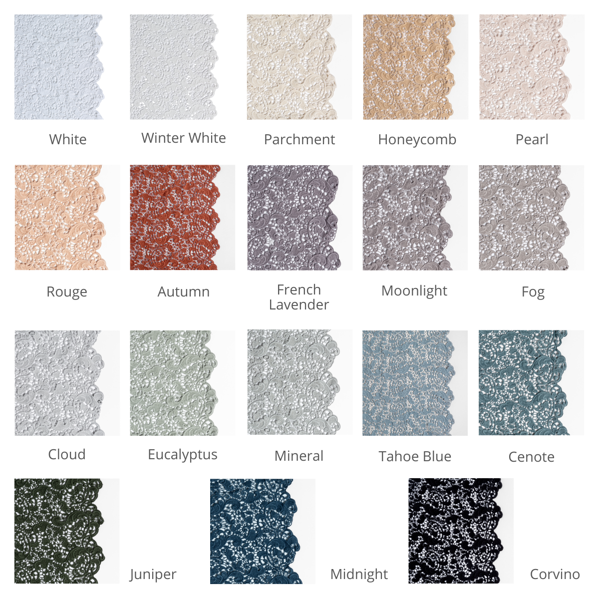 Allora Bed Scarf | A grid of cotton lace fabric shown in our current colorway palette.