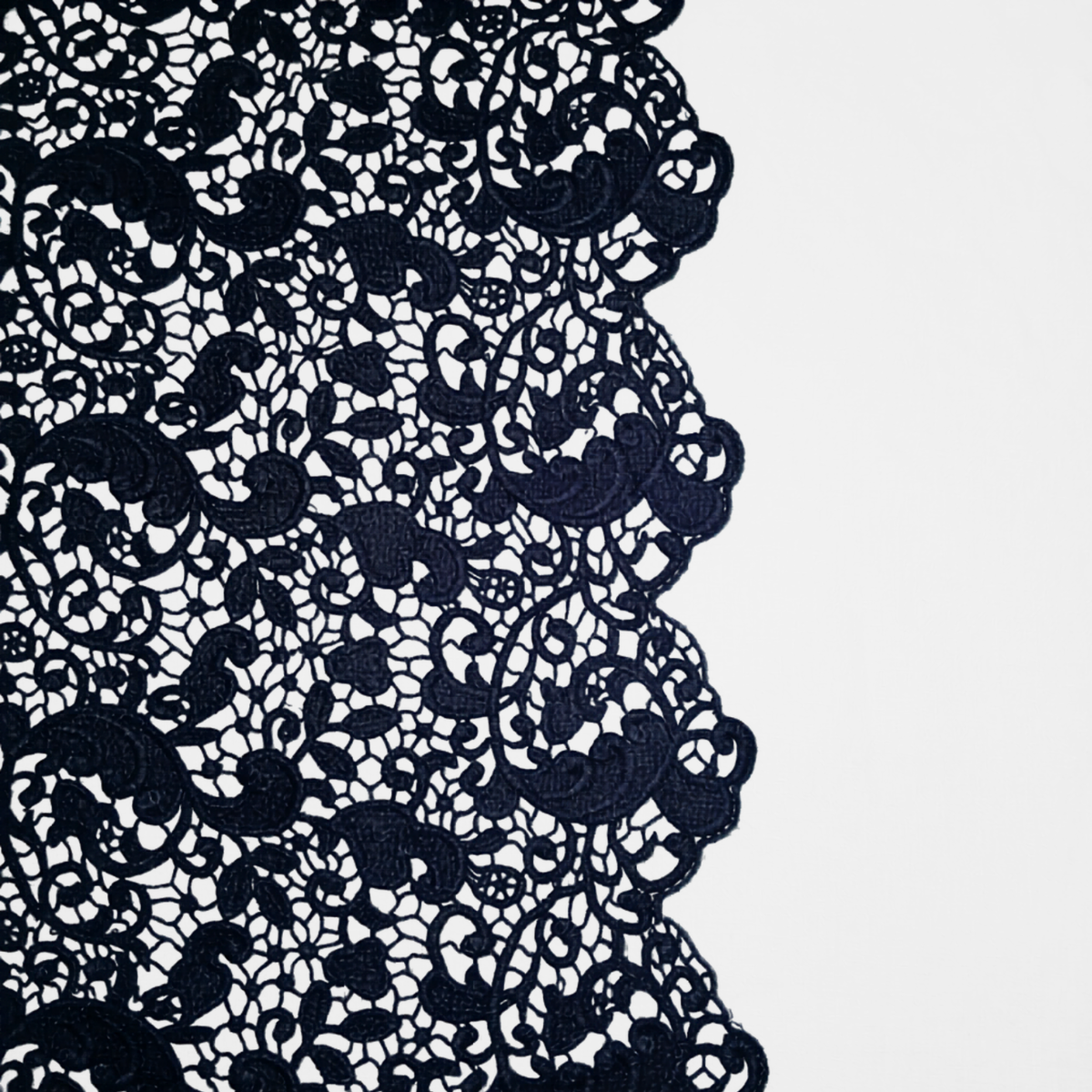 Allora Bed Scarf | Slate | a close-up of ccotton lace fabric in slate, a polished dusky dark blue