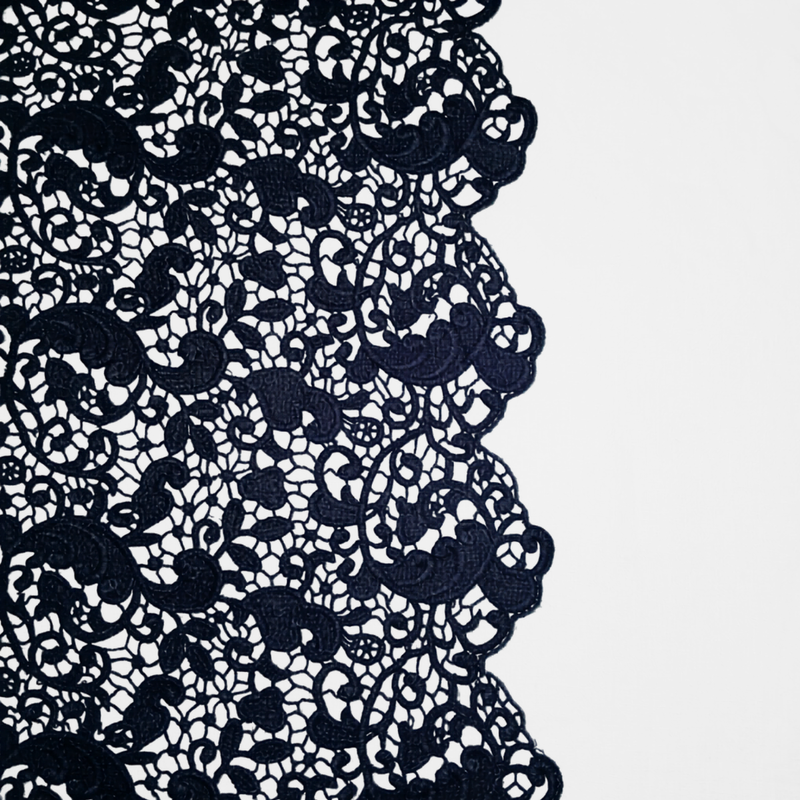 Allora Bed Scarf | Slate | a close-up of ccotton lace fabric in slate, a polished dusky dark blue