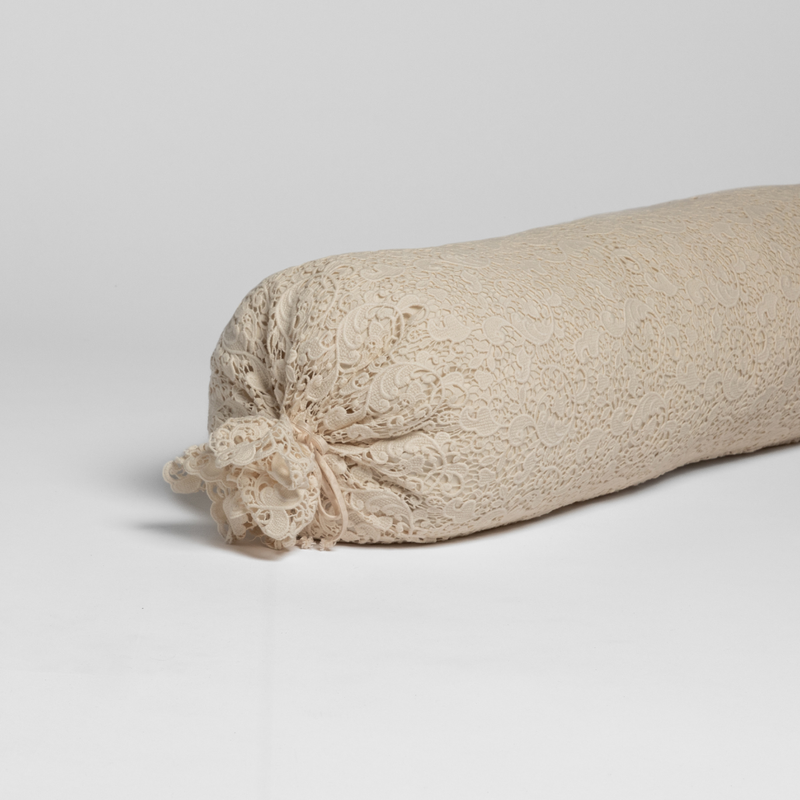 Allora Lace Throw Pillow | Natural | all-over lace bolster cover layered over a matching signature linen bolster.