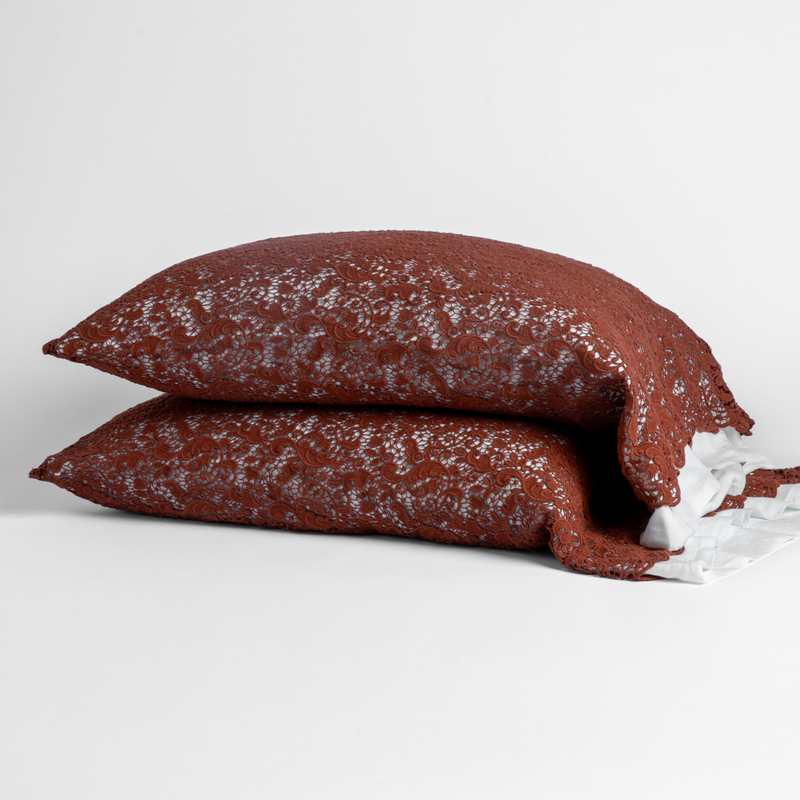 Allora Lace Pillowcase (Single) | Autumn | A pair of Allora pillowcases in Autumn, a rich terracotta tone, shown against a white background.
