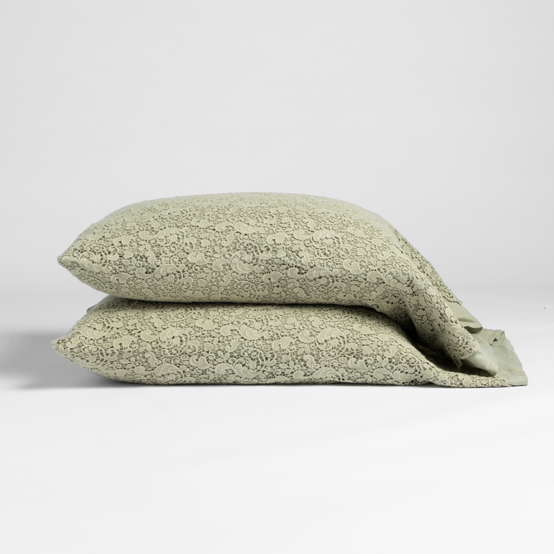 Allora Lace Pillowcase (Single) | Desert Sage | matching pillowcases in desert sage, a serenely elegant green, offering a hushed hue, shown against a plain background.