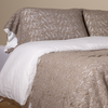Allora Lace Pillowcase (Single) | Fog | a pair of cotton lace pillowcase covers on winter white liners shown on a bed dressed in winter white linen with a matching cotton lace bed scarf.