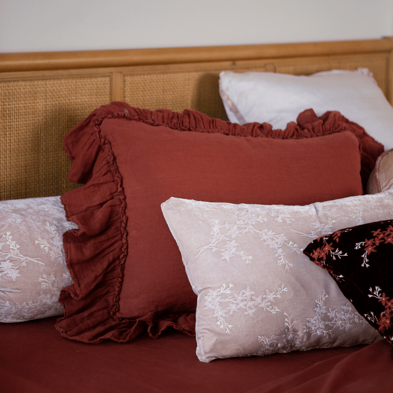 Autum inspired pillow ensemble featuring the Paloma Sham in Pearl,
Linen Whisper Sham in Autumn,
Lynette Bolster Throw Pillow in Pearl,
and the Lynette Throw Pillow size 15x24 in Pearl
