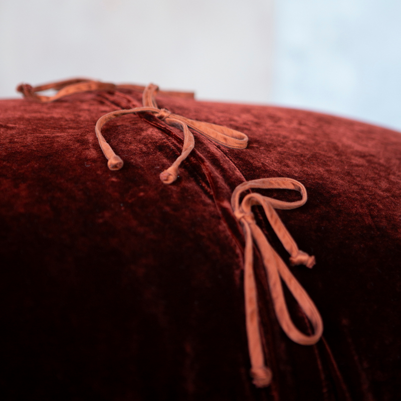 Carmen Throw Pillow | Autumn | a close up of the tie closure on our silk velvet pillows from the carmen collection.