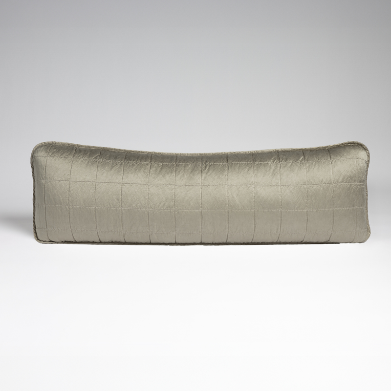 Sel Throw Pillow | Fog | An overhead shot of a square-quilted rectangle throw pillow in fog, a soft mid-tone grey, against a white background.