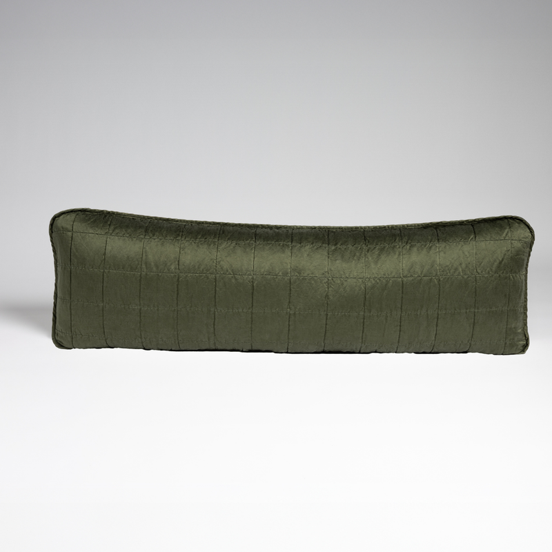 Sel Throw Pillow | Juniper | A straight-on shot of a square-quilted body pillow in juniper, a deeply saturated dark green, against a white background.