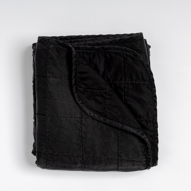 Sel Blanket | Corvino | an overhead shot of a quilted charmeuse blanket in corvino, our classic black, with a corner folded down, showing its cotton sateen back.