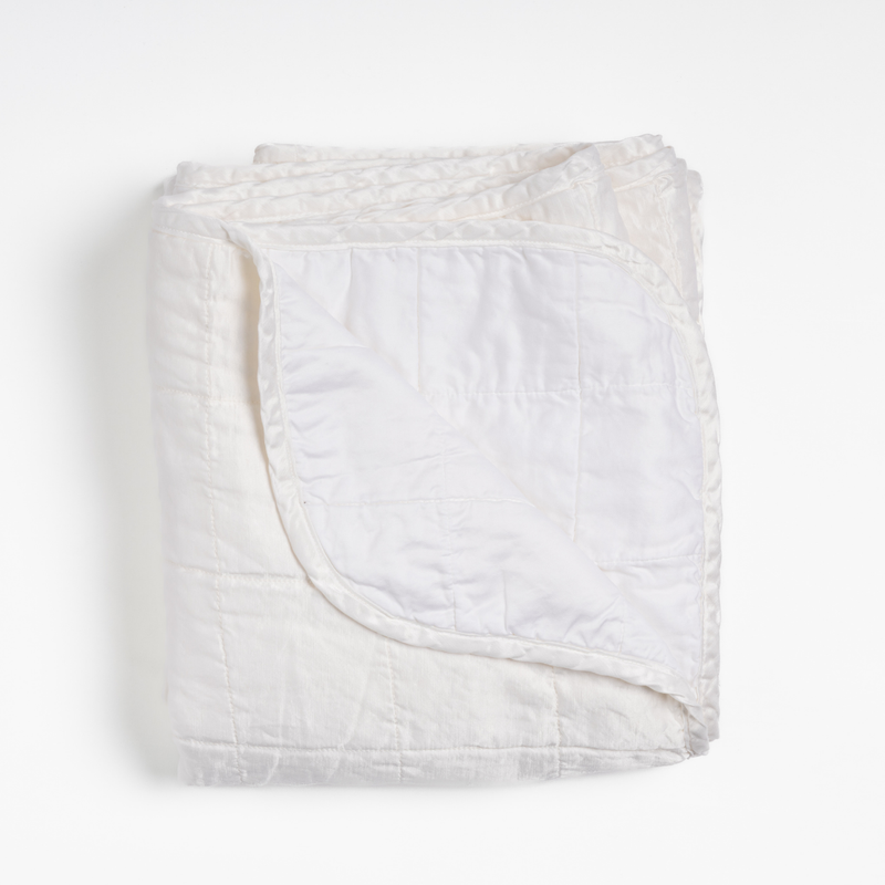 Sel Blanket | White | an overhead shot of a quilted charmeuse blanket in white, with a corner folded down, showing its cotton sateen back.