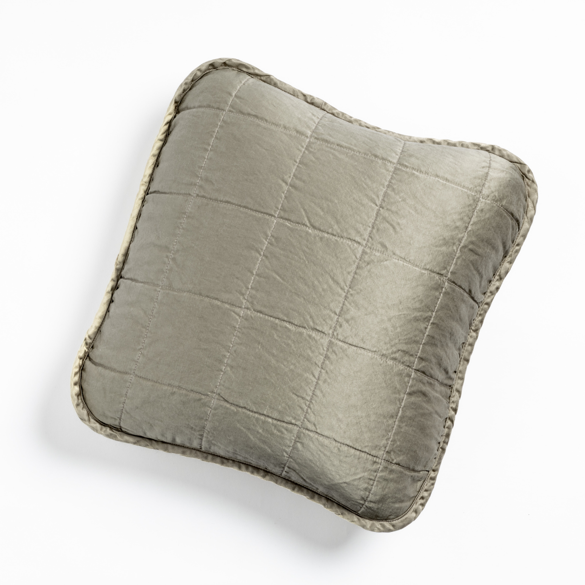 Sel Throw Pillow | Fog | An overhead shot of a square-quilted square throw pillow in fog, a soft mid-tone grey against a white background.