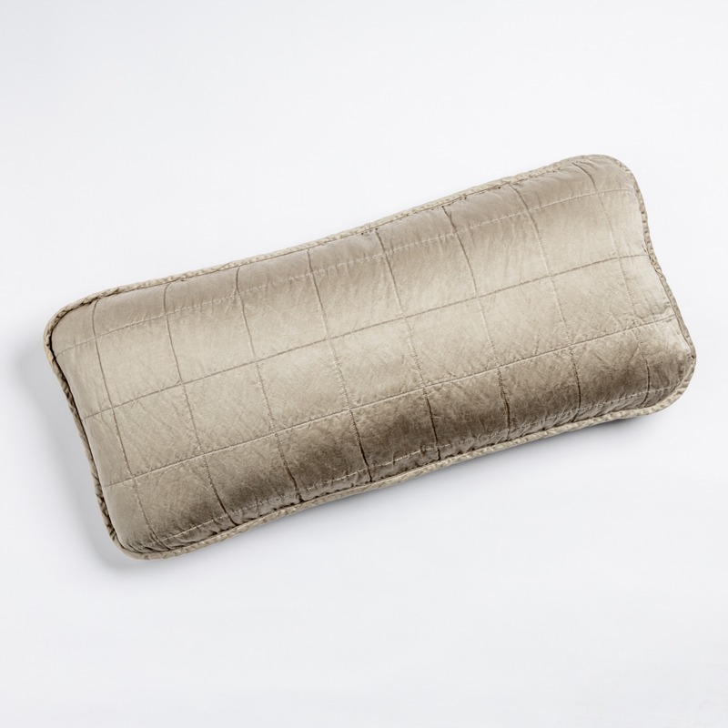 Sel Throw Pillow | Moonlight | An overhead shot of a square-quilted rectangle throw pillow in moonlight, a saturated, cool, mid-dark grey tone, against a white background.