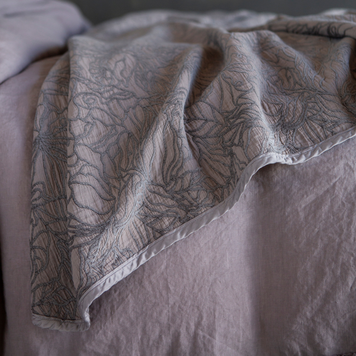 Georgia Blanket | a close-up of the cotton and chenille jacquard throw blanket with its cotton sateen trim accenting the floral pattern.