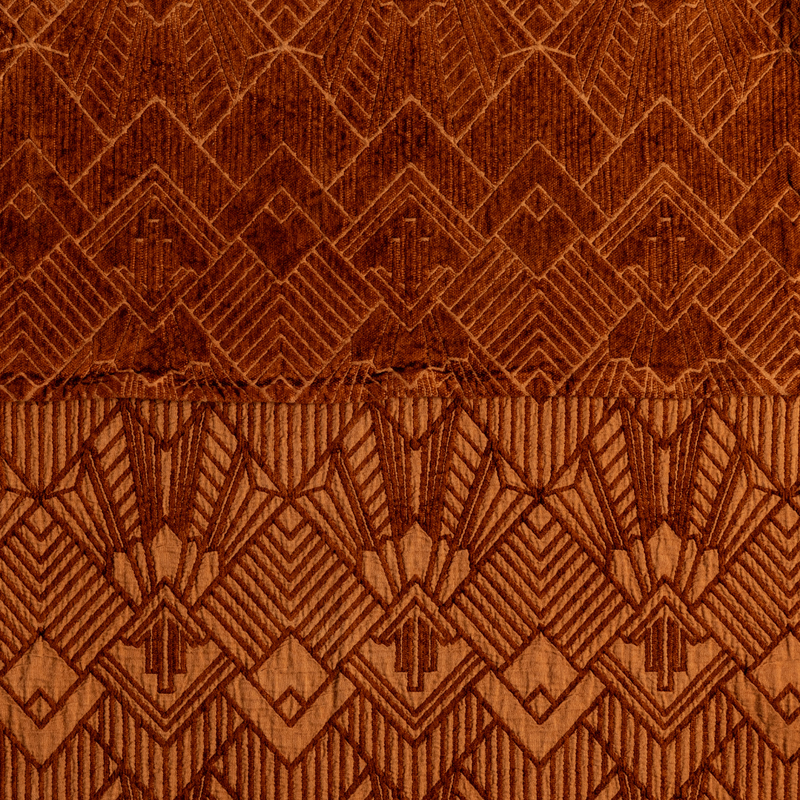 The Trettino Collection | Autumn | a close-up showing the chenille jacquard on the top half and cotton jacquard on the bottom in autumn, a rusty terrracotta tone.