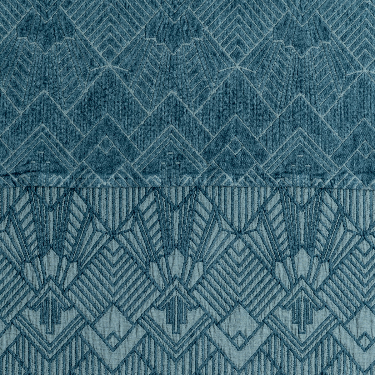 The Trettino Collection | Cenote | a close-up showing the chenille jacquard on the top half and cotton jacquard on the bottom in cenote, a teal-like jewel tone.