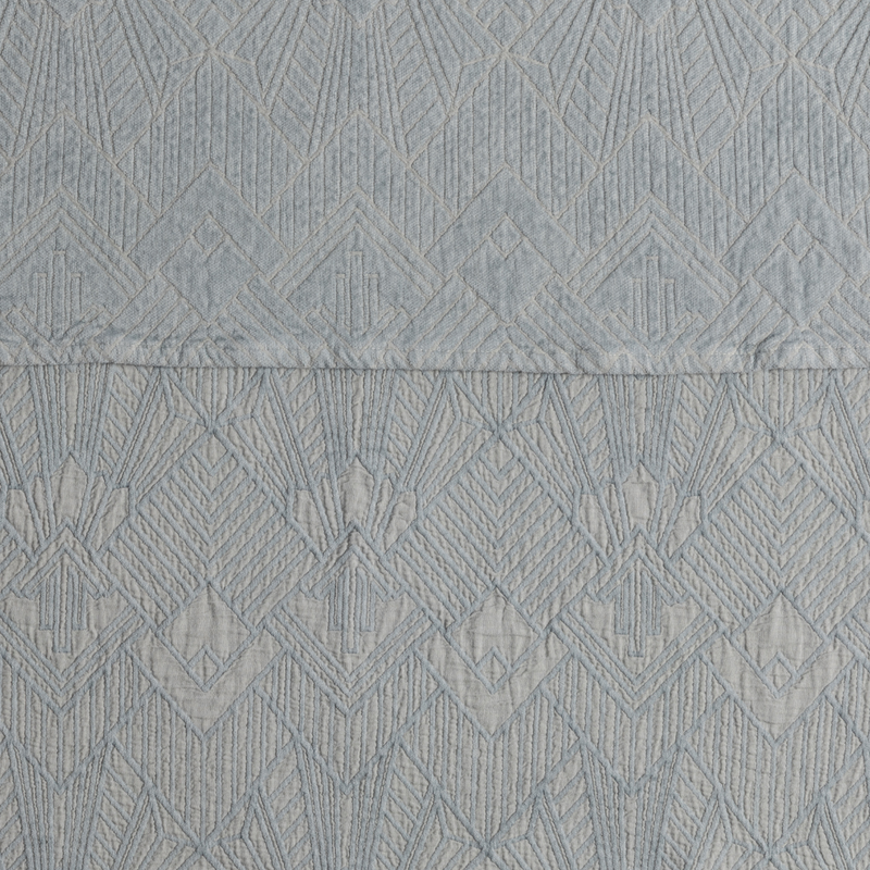 The Trettino Collection | Cloud | a close-up showing the chenille jacquard on the top half and cotton jacquard on the bottom in cloud, a pale light blue.