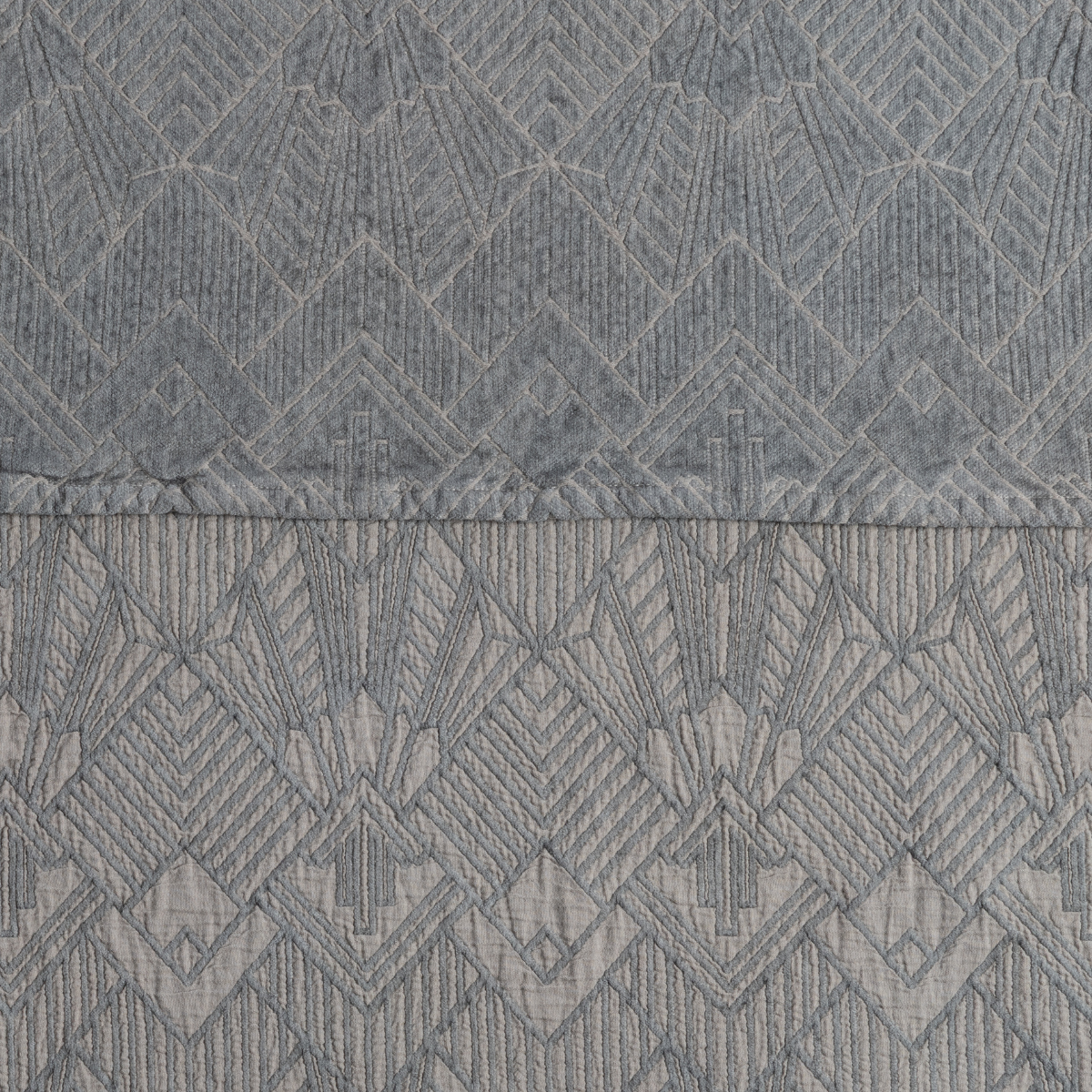 The Trettino Collection | Fog | a close-up showing the chenille jacquard on the top half and cotton jacquard on the bottom in fog, a midtone grey.