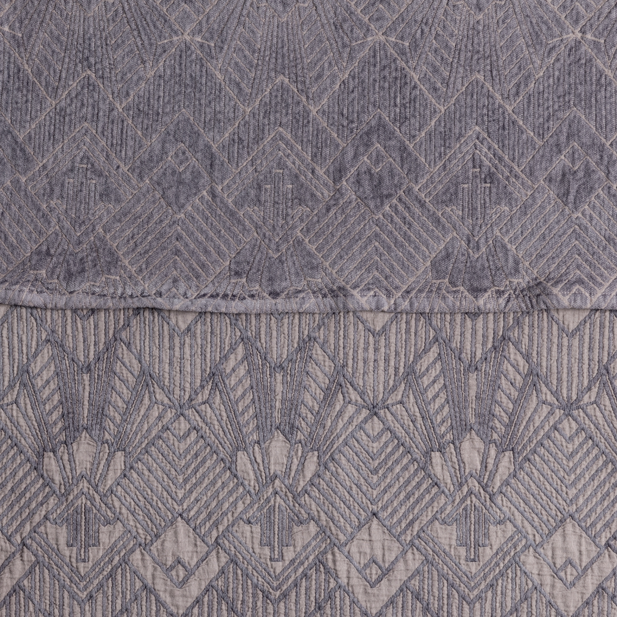 The Trettino Collection | French Lavender | a close-up showing the chenille jacquard on the top half and cotton jacquard on the bottom in french lavender, a dusty pale purple.
