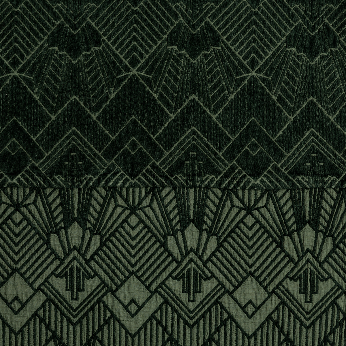 The Trettino Collection | Juniper | a close-up showing the chenille jacquard on the top half and cotton jacquard on the bottom in juniper, a rich green.