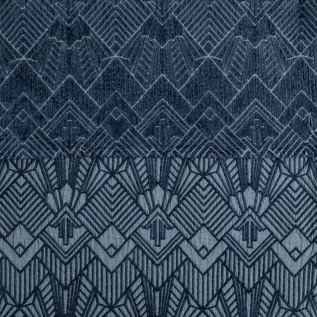 The Trettino Collection | Midnight | a close-up showing the chenille jacquard on the top half and cotton jacquard on the bottom in midnight, a dark blue.