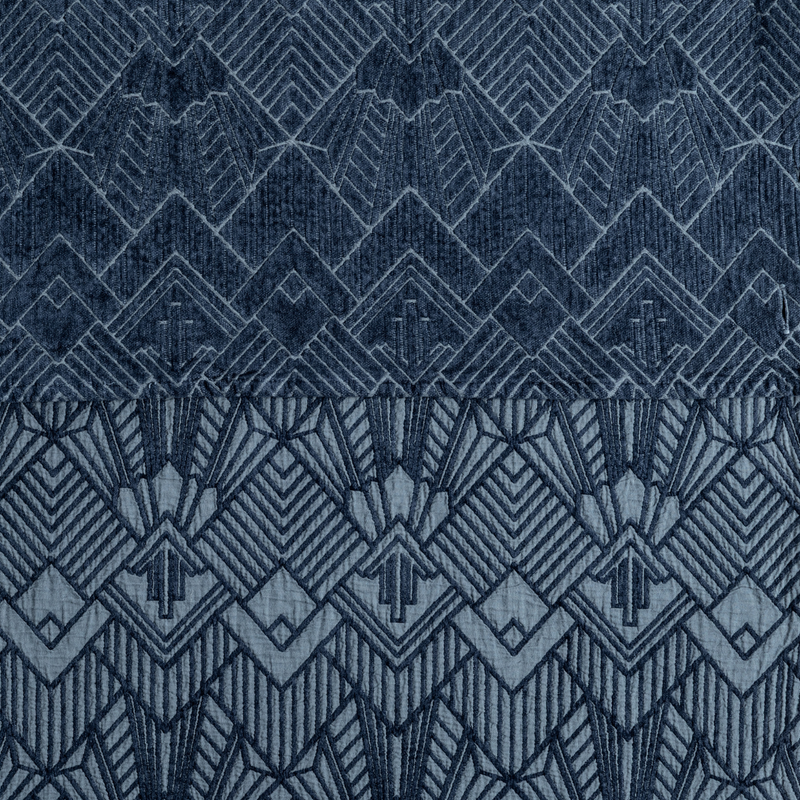 The Trettino Collection | Midnight | a close-up showing the chenille jacquard on the top half and cotton jacquard on the bottom in midnight, a dark blue.