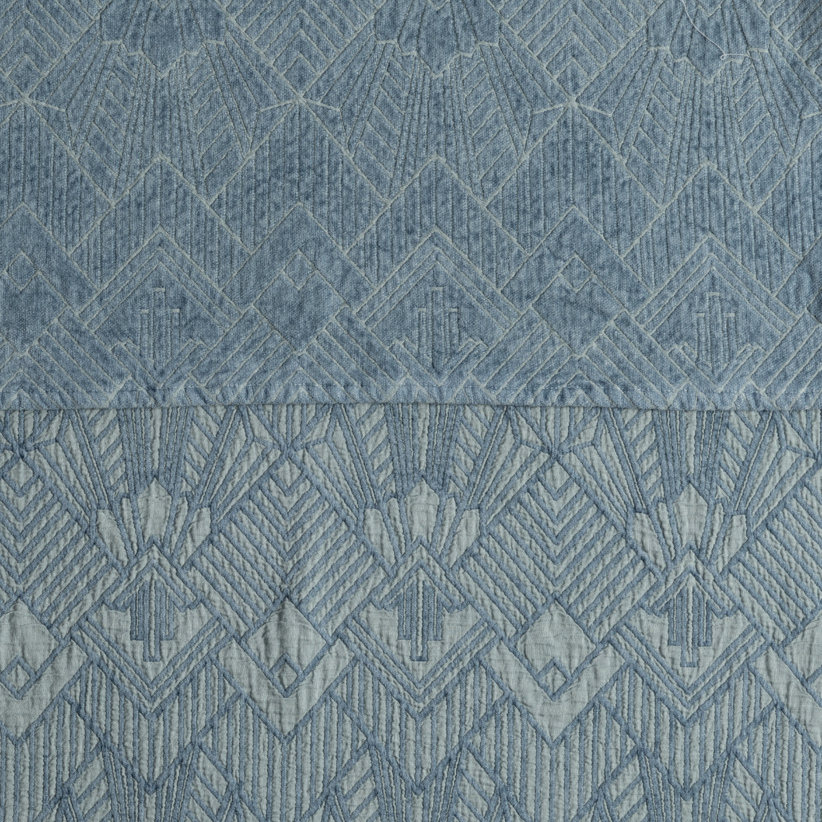 The Trettino Collection | Tahoe Blue | a close-up showing the chenille jacquard on the top half and cotton jacquard on the bottom in tahoe blue - a true blue hue.