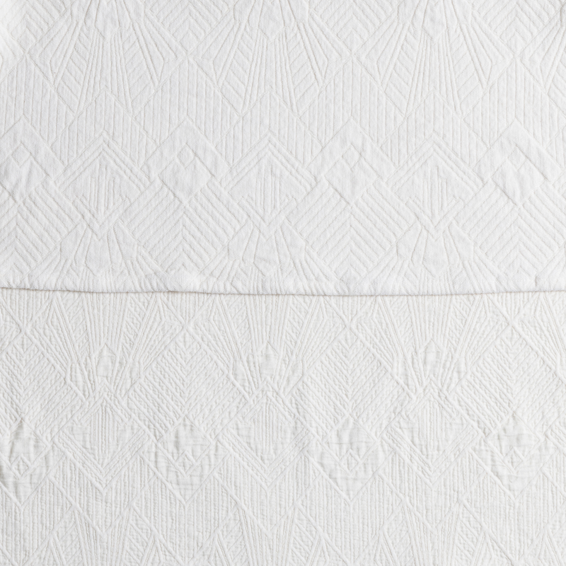 The Trettino Collection | Winter White | a close-up showing the chenille jacquard on the top half and cotton jacquard on the bottom in winter white, a wooly white.
