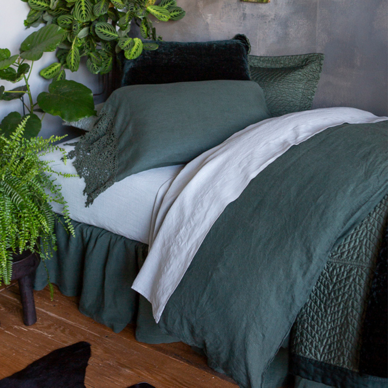 Linen Fitted Sheet | Eucalyptus | linen sheets with everything else on the bed in juniper.