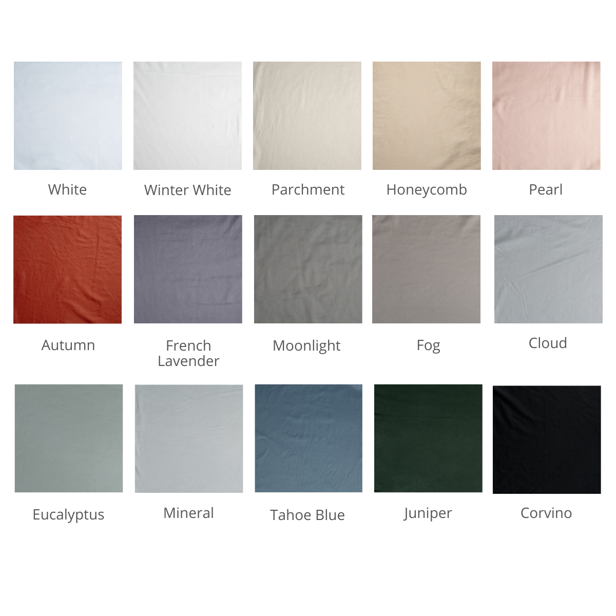 Tencel™ Swatch Card | A grid of cotton sateen fabric shown in our current colorway palette.
