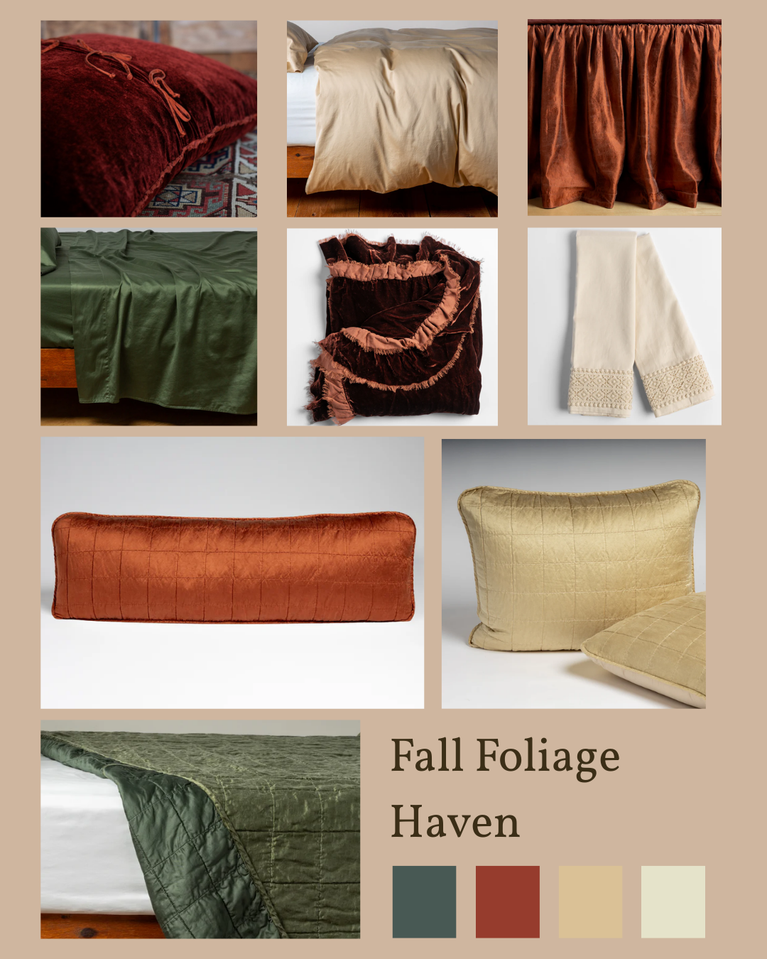 A fall foliage haven mood board filled with reds and greens in different patterns and textures