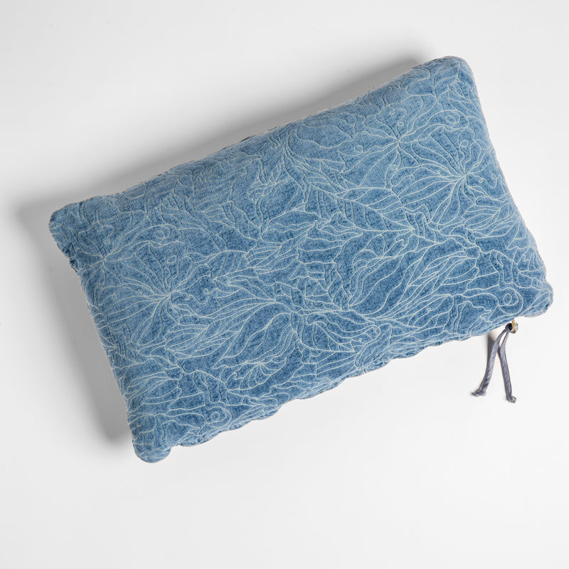 Georgia Throw Pillow | Tahoe Blue | chenille jacquard side of a rectangle throw pillow shown from overhead against a white background.