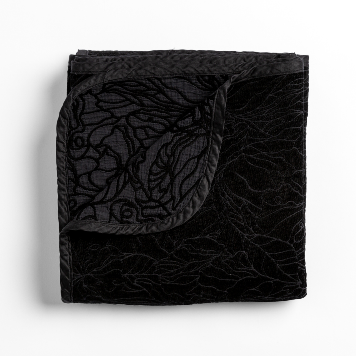 Georgia Blanket | Corvino | folded blanket with its cotton jacquard side visible on the corner foldback against the chenille jacquard side.