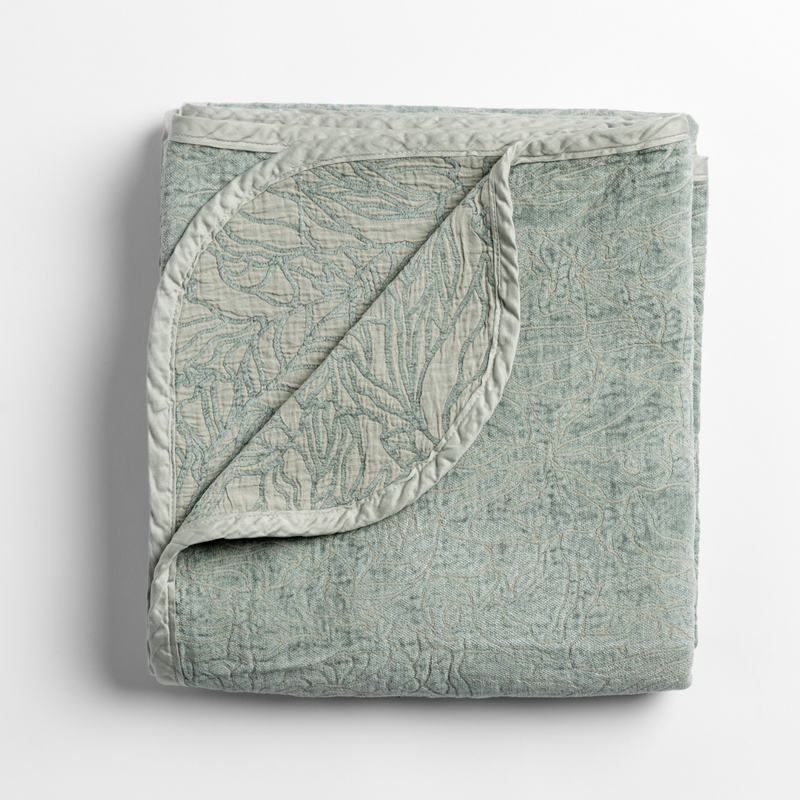Georgia Blanket | Eucalyptus | folded blanket with its cotton jacquard side visible on the corner foldback against the chenille jacquard side.
